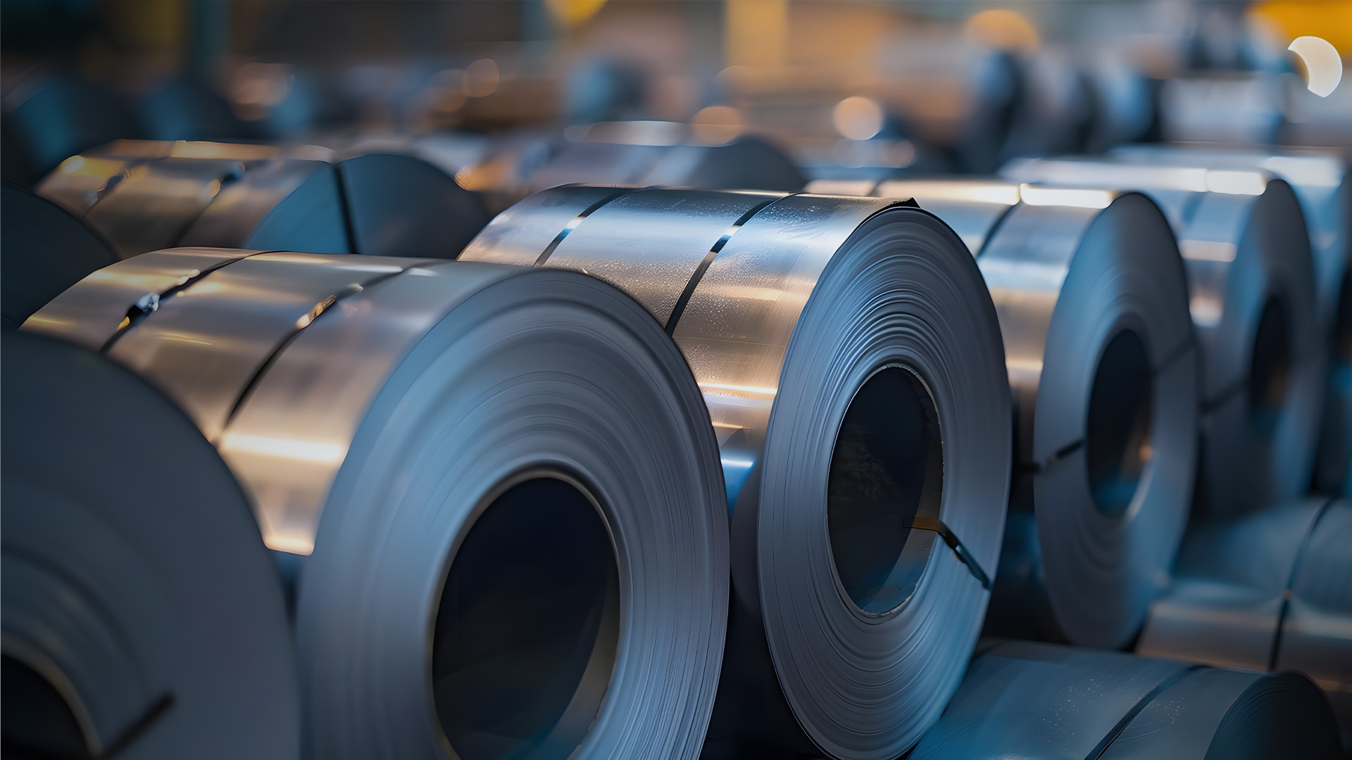 لفائف حديد مدرفل في مستودع — Rolled steel coils in a warehouse